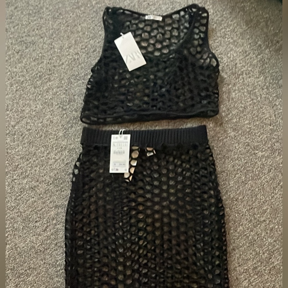 ZARA mesh, black long skirt and top swimsuit cover NEW sz L